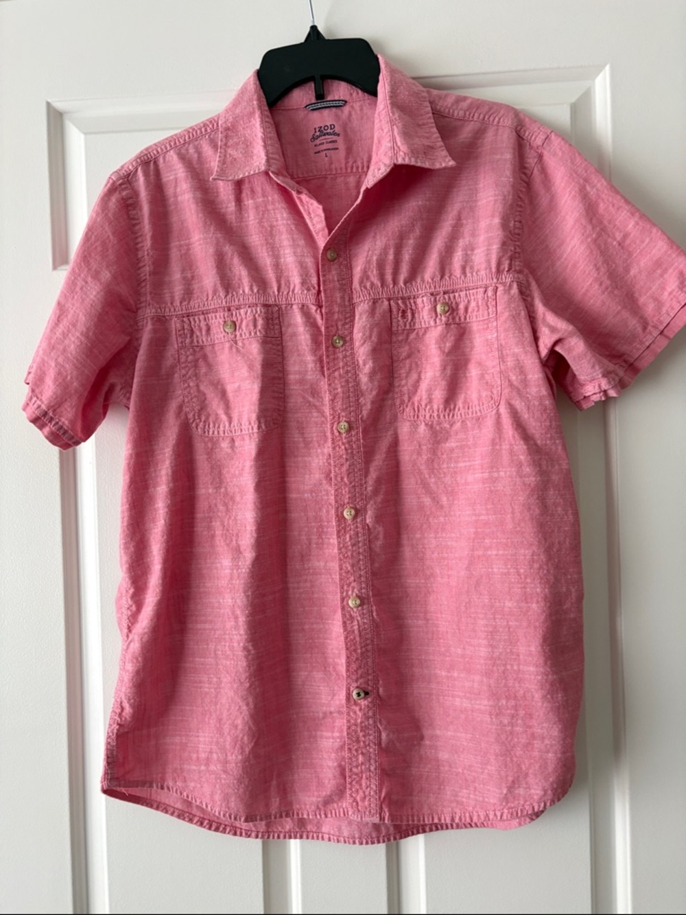 Izod Short-Sleeve Button-Down Shirt in Pink. Men’s button up